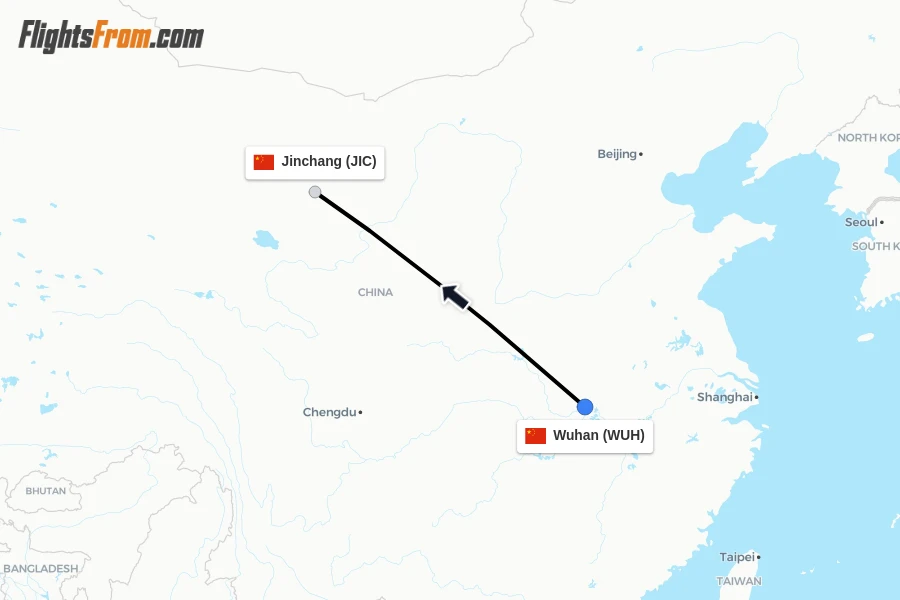 Flights from Wuhan to Jinchang route map