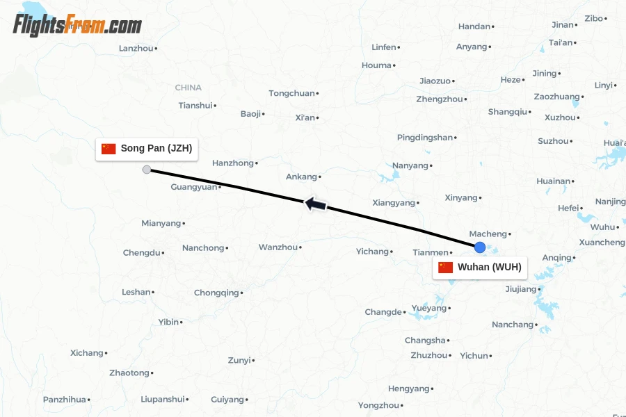 Flights from Wuhan to Song Pan route map