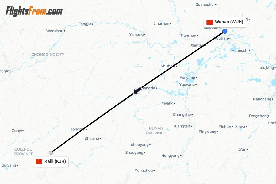 Flights from Wuhan to Kaili route map