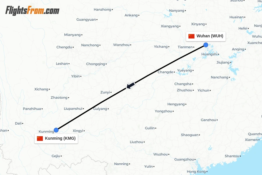 Flights from Wuhan to Kunming route map
