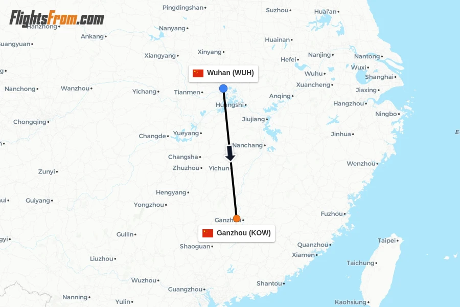 Flights from Wuhan to Ganzhou route map