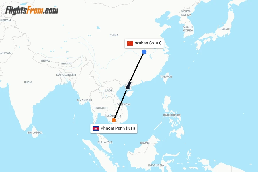 Flights from Wuhan to Phnom Penh route map