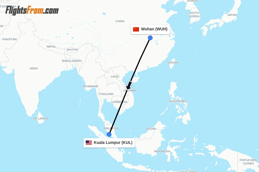 Flights from Wuhan to Kuala Lumpur route map