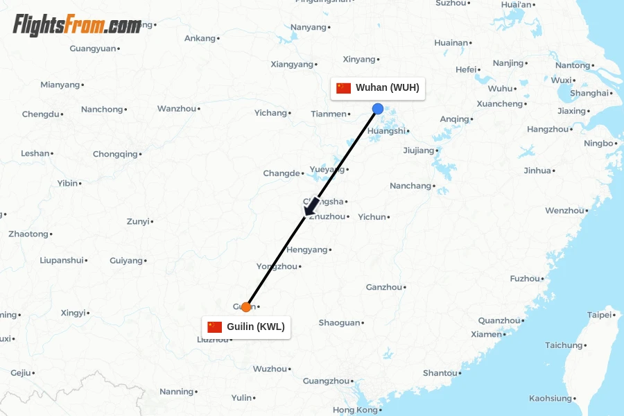 Flights from Wuhan to Guilin route map