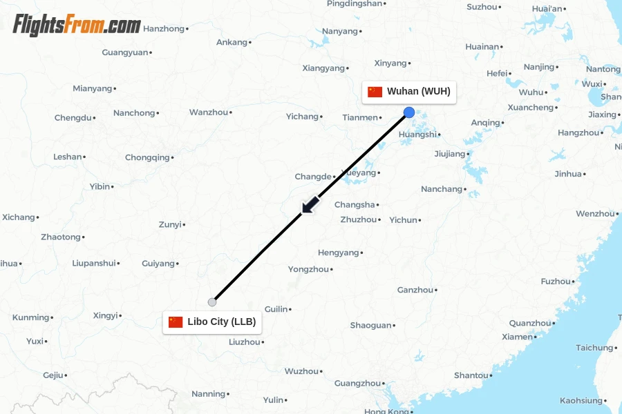 Flights from Wuhan to Libo City route map