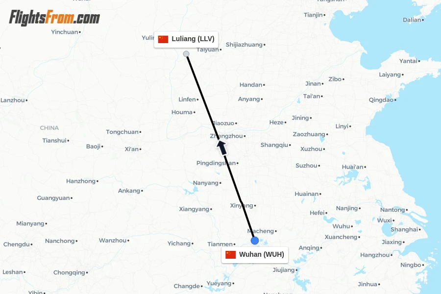 Flights from Wuhan to Luliang route map