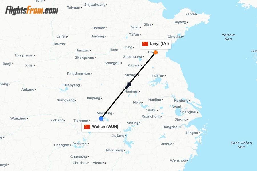 Flights from Wuhan to Linyi route map