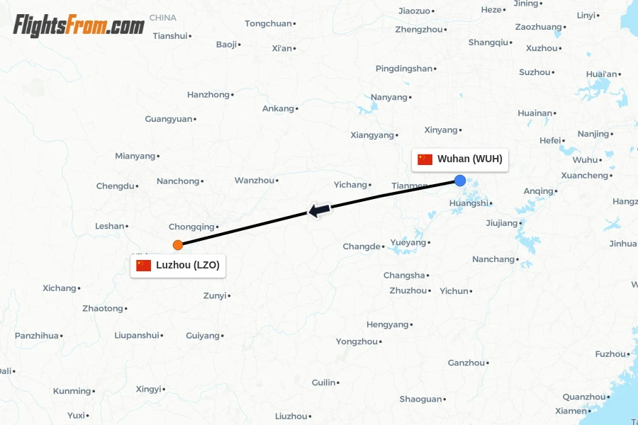 Flights from Wuhan to Luzhou route map