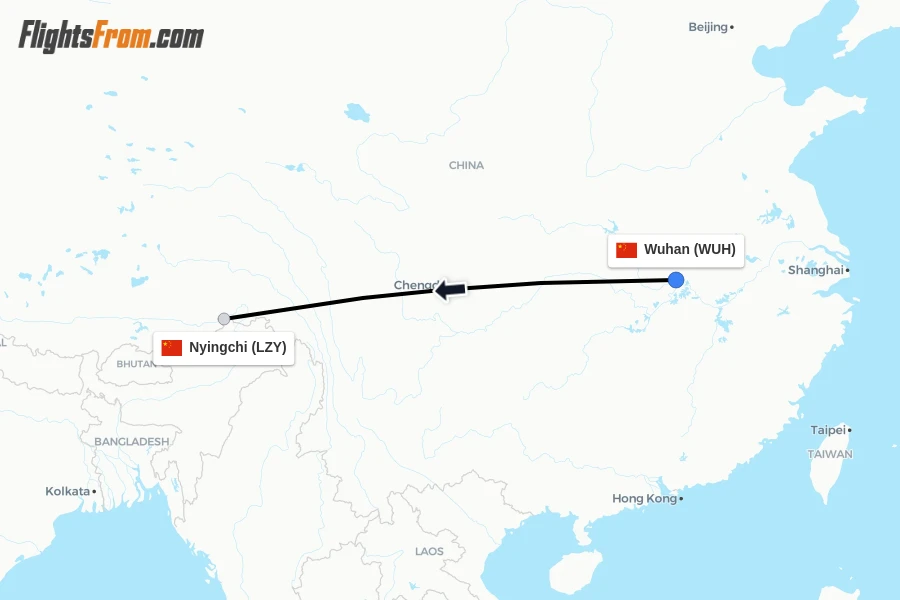 Flights from Wuhan to Nyingchi route map