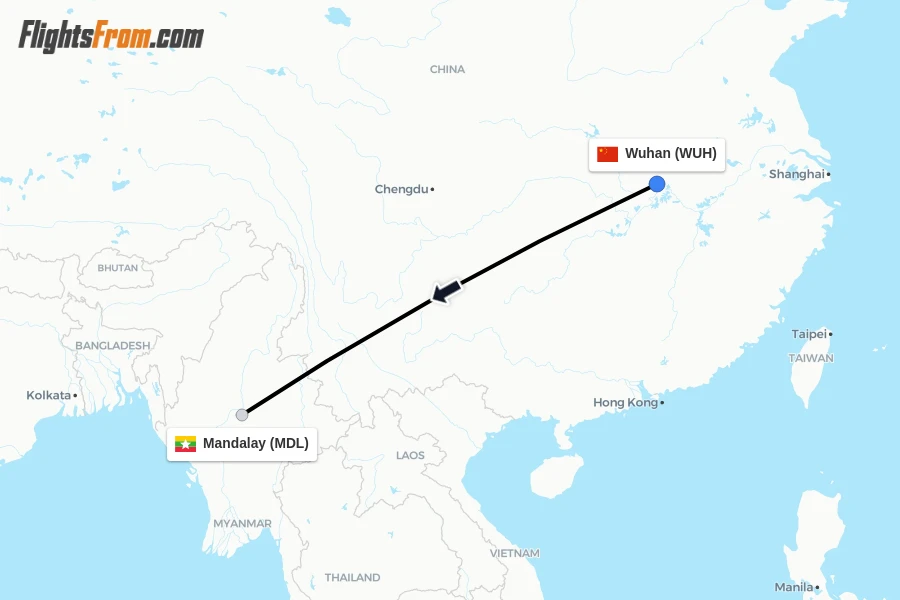 Flights from Wuhan to Mandalay route map