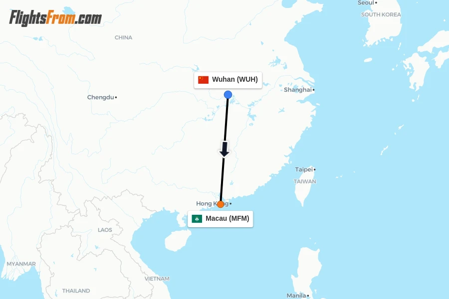 Flights from Wuhan to Macau route map