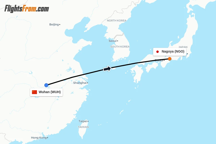 Flights from Wuhan to Nagoya route map