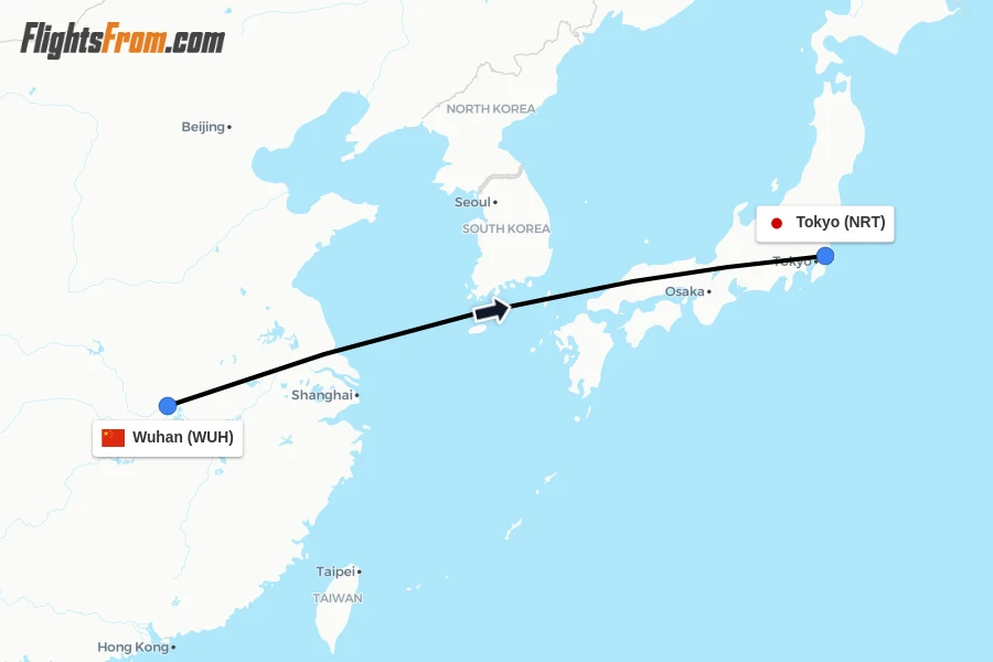 Flights from Wuhan to Tokyo route map