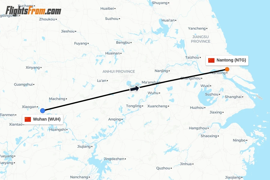 Flights from Wuhan to Nantong route map