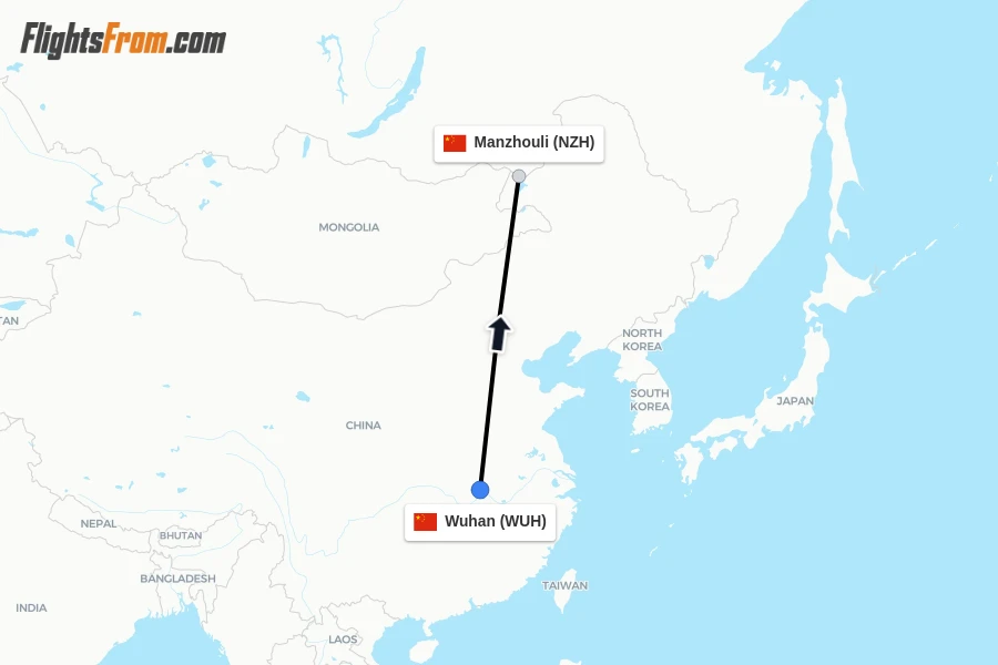 Flights from Wuhan to Manzhouli route map