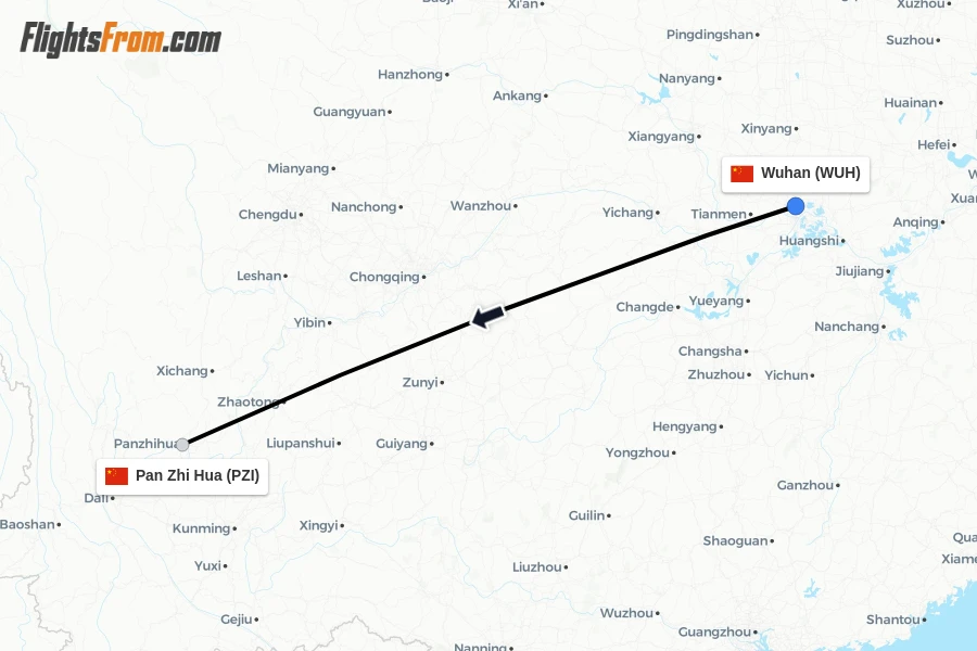 Flights from Wuhan to Pan Zhi Hua route map