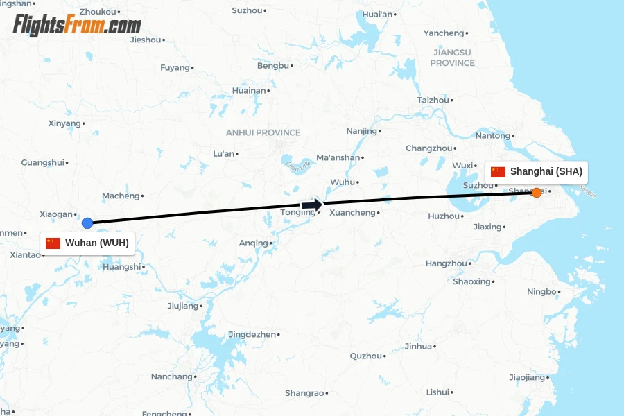 Flights from Wuhan to Shanghai route map