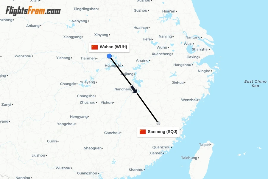 Flights from Wuhan to Sanming route map