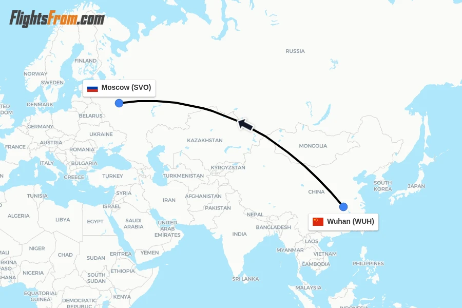 Flights from Wuhan to Moscow route map