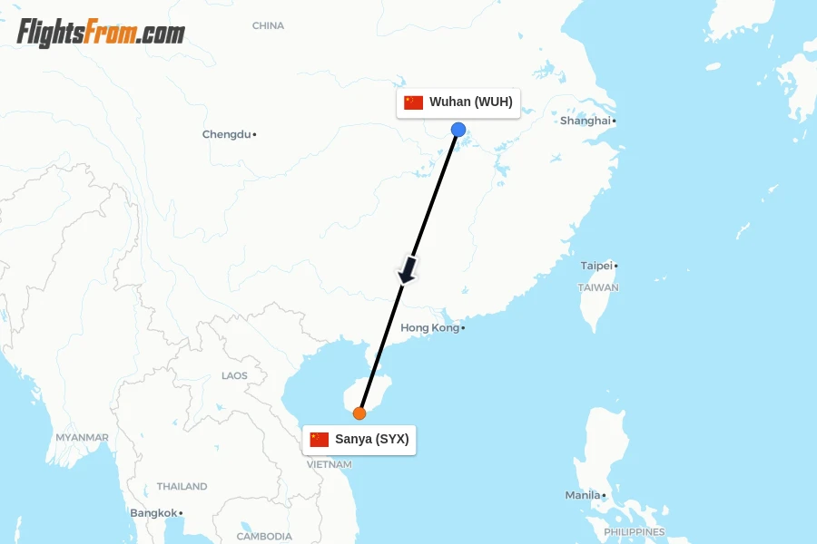Flights from Wuhan to Sanya route map