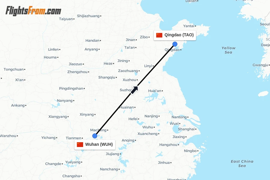 Flights from Wuhan to Qingdao route map