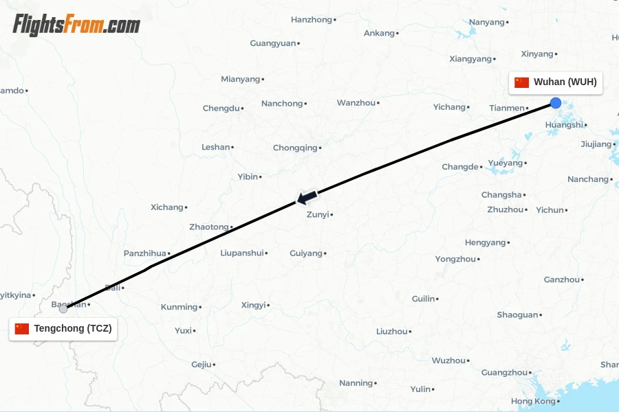 Flights from Wuhan to Tengchong route map