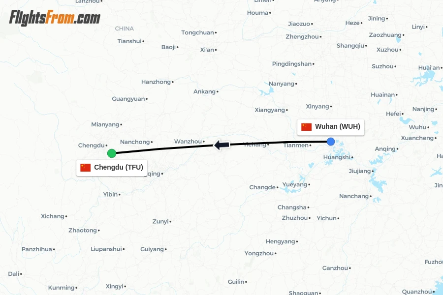 Flights from Wuhan to Chengdu route map