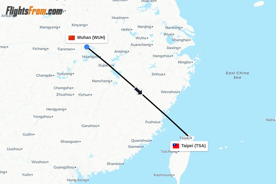 Flights from Wuhan to Taipei route map