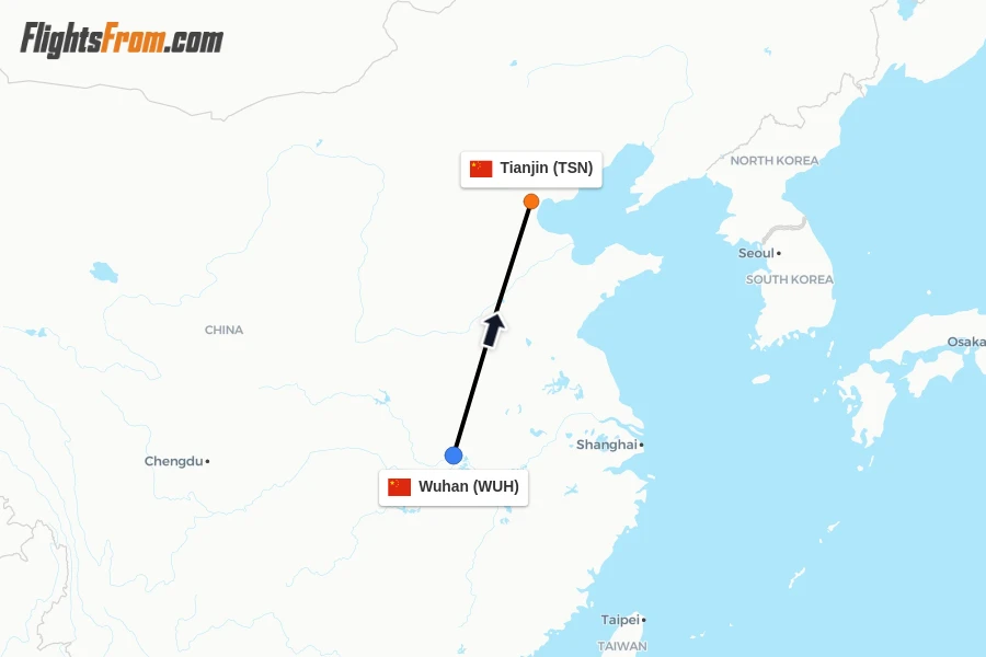 Flights from Wuhan to Tianjin route map