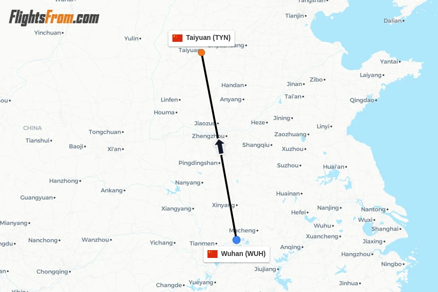 Flights from Wuhan to Taiyuan route map