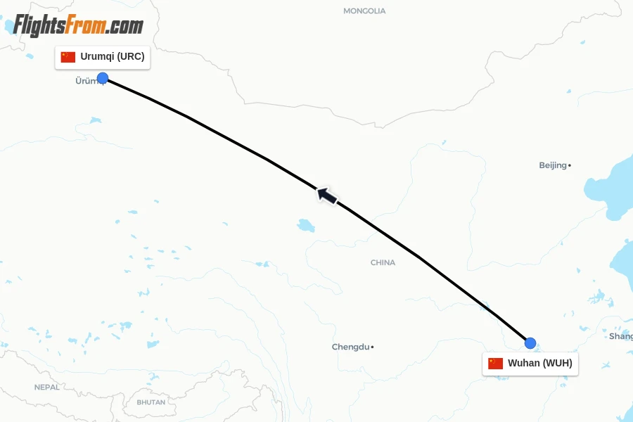 Flights from Wuhan to Urumqi route map