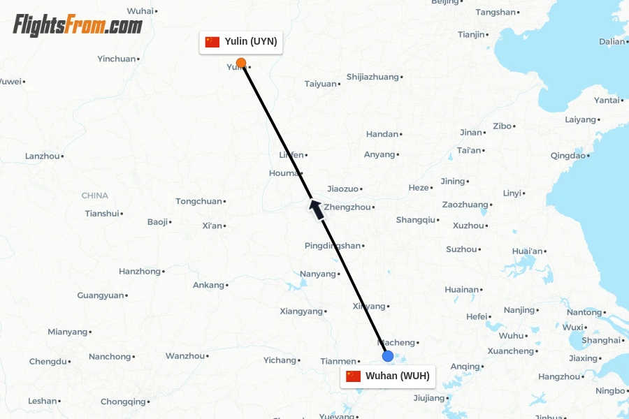 Flights from Wuhan to Yulin route map