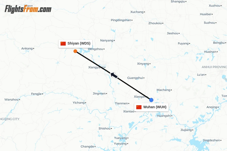 Flights from Wuhan to Shiyan route map