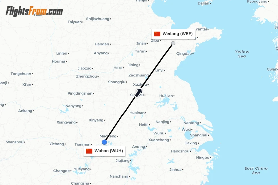 Flights from Wuhan to Weifang route map