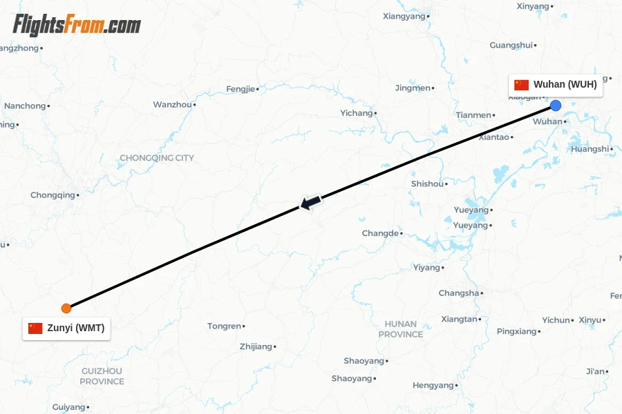 Flights from Wuhan to Zunyi route map