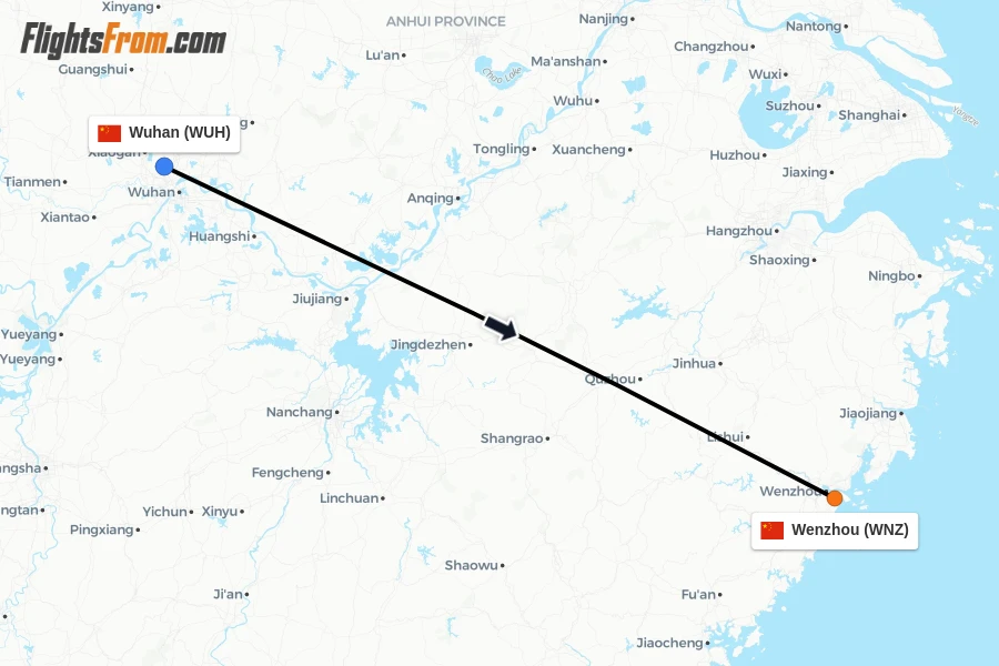 Flights from Wuhan to Wenzhou route map