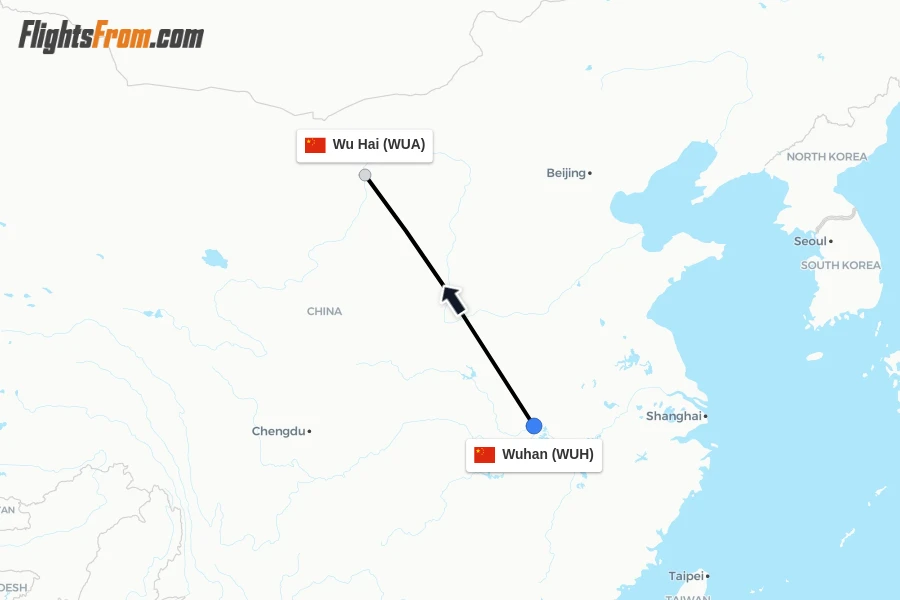 Flights from Wuhan to Wu Hai route map