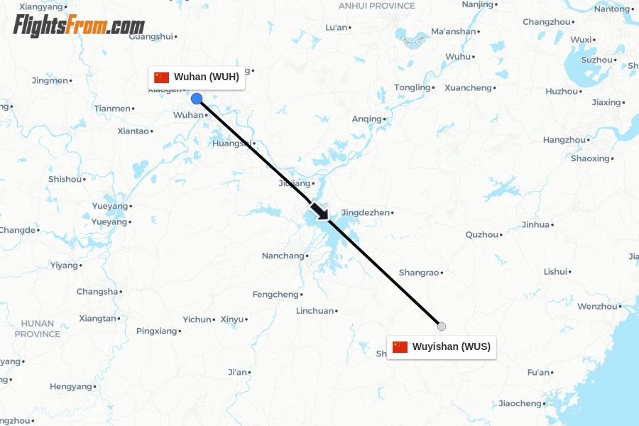 Flights from Wuhan to Wuyishan route map