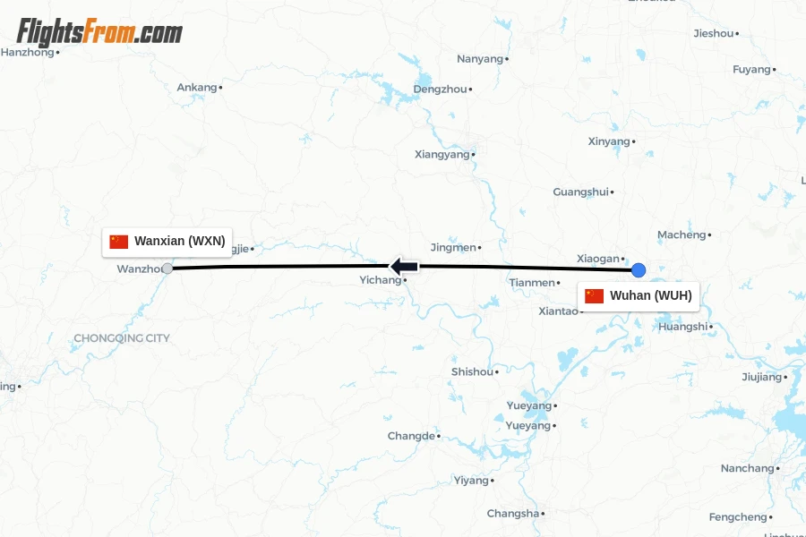 Flights from Wuhan to Wanxian route map