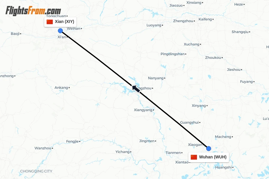 Flights from Wuhan to Xian route map