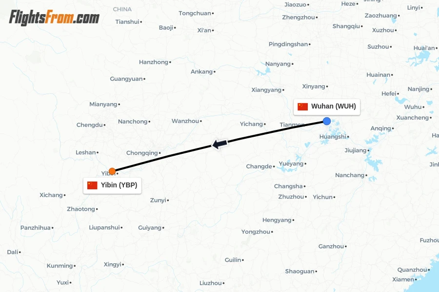 Flights from Wuhan to Yibin route map