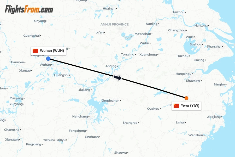 Flights from Wuhan to Yiwu route map