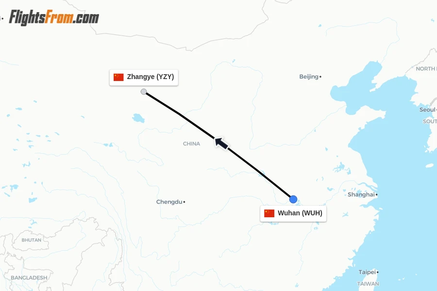 Flights from Wuhan to Zhangye route map
