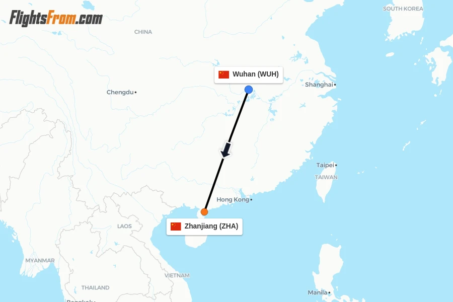Flights from Wuhan to Zhanjiang route map