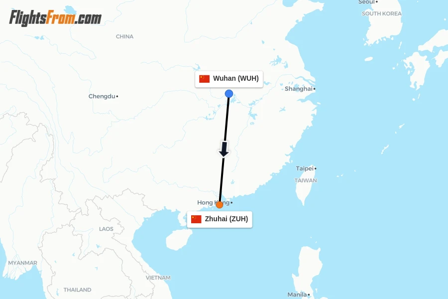 Flights from Wuhan to Zhuhai route map