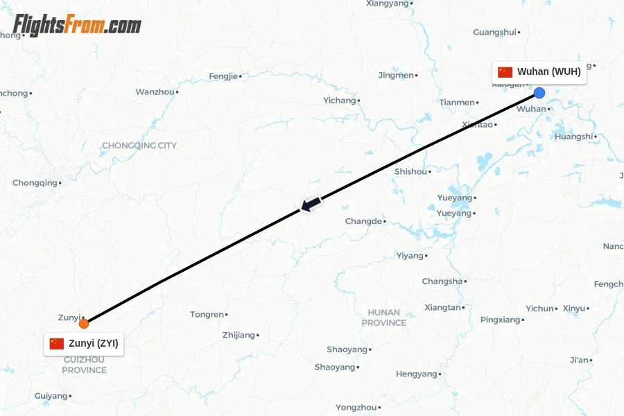 Flights from Wuhan to Zunyi route map