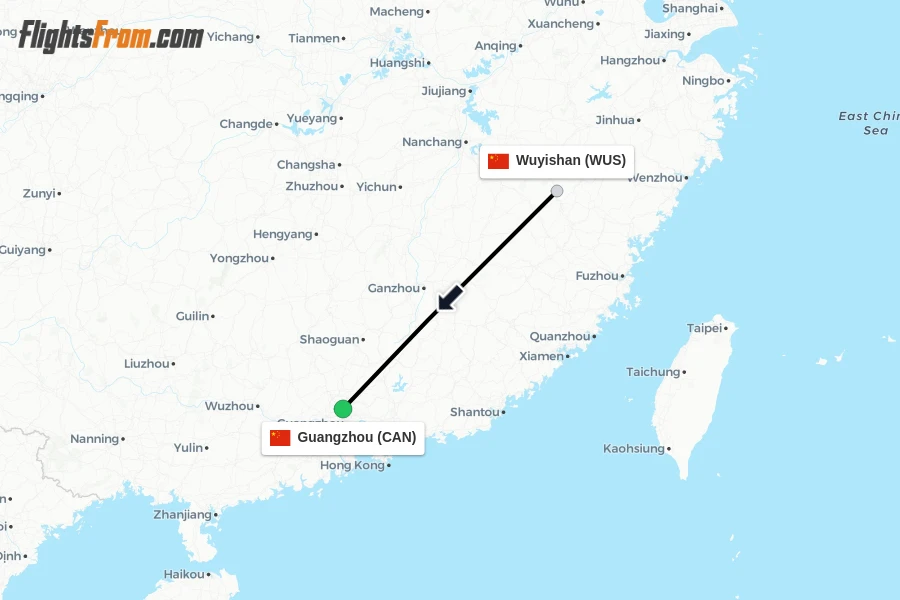 Flights from Wuyishan to Guangzhou route map