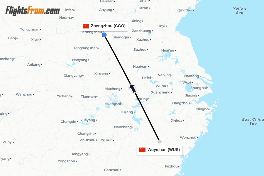 Flights from Wuyishan to Zhengzhou route map