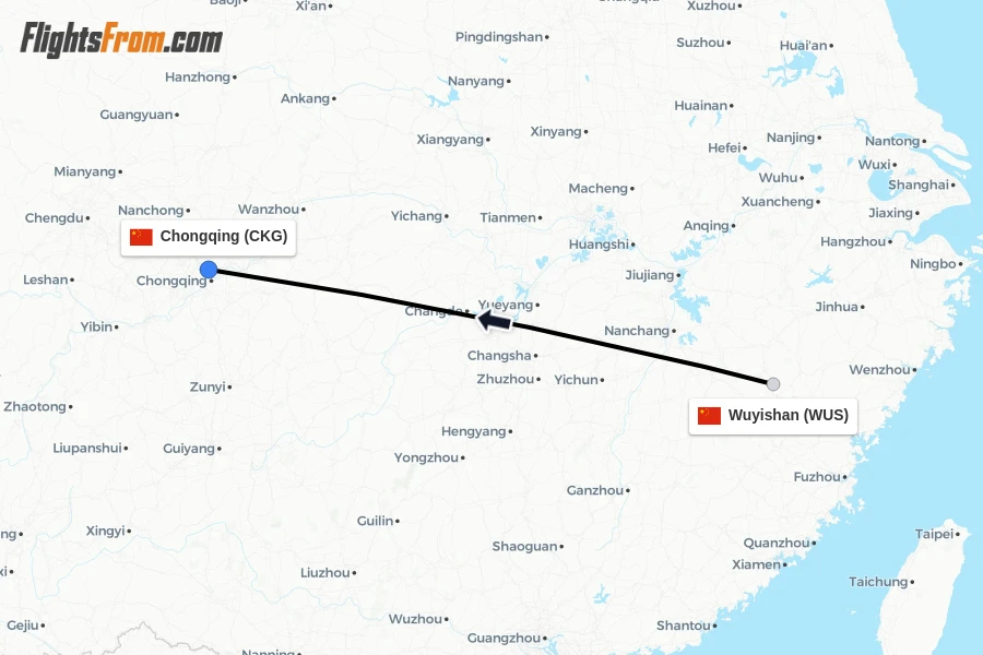 Flights from Wuyishan to Chongqing route map