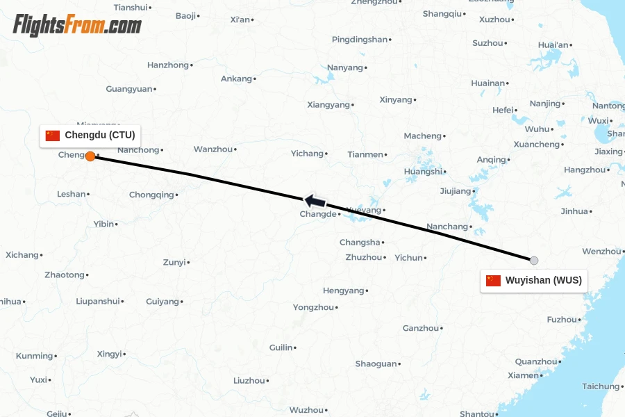 Flights from Wuyishan to Chengdu route map